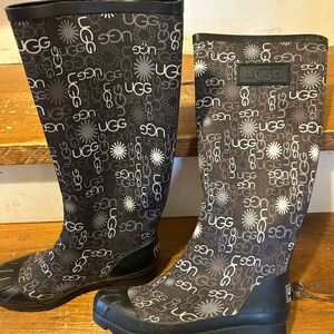 UGG Women’s Black With Gray, & White Logo Pattern Throughout the Rain Boots,Sz 7